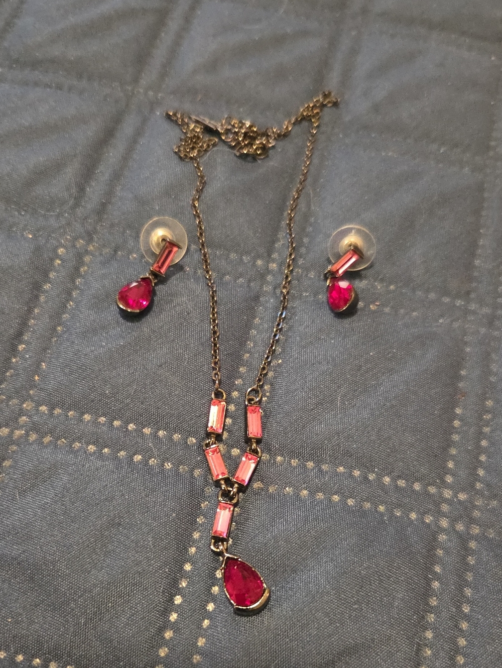 Napier Red Teardrop & Baguette Pendant Necklace with Matching Pierced Earrings